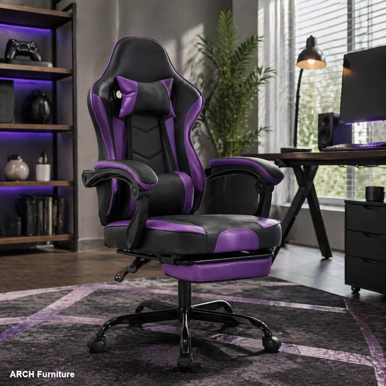 Ergonomic Recliner Gaming Chair for Adults - Black Purple, Stress Relief Office Chair, Easy Setup, Linkage Armrests, Massage Lumbar Support, Headrest, Footrest, Adjustable Height, 360-Degree Swivel, 300lb Max Weight Capacity