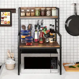 COSTWAY - 3-Tier Microwave Stand with 2 Open Shelves and Heavy-duty Metal Frame-Rustic Brown