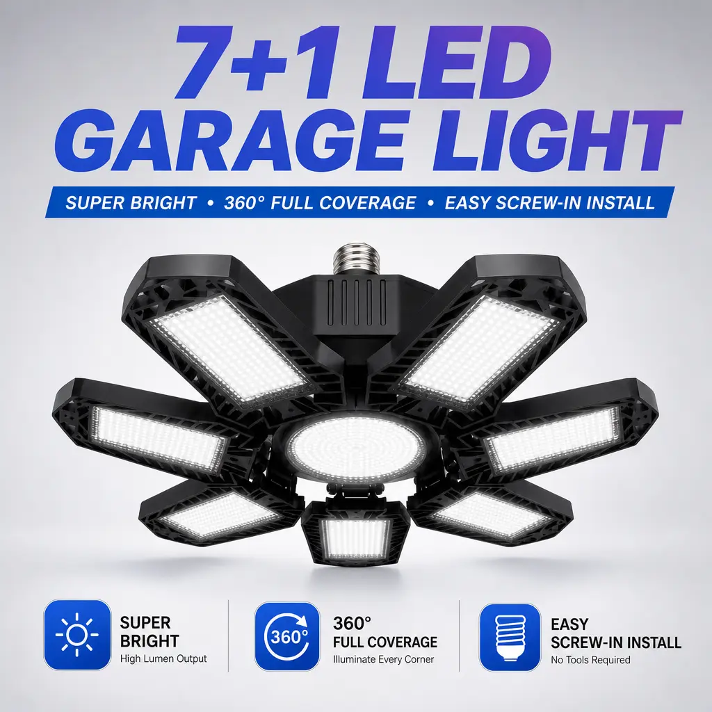 600W Foldable Garage Light, 7+1 Adjustable LED Panels Deformable Ceiling Work Light, 6500K Super Bright E26/E27 Screw-in Bulb, Easy Install Illumination Lamp for Garage, Barn, Warehouse, Workshop