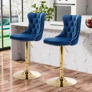 Swivel Bar Stools Set of 2, Adjustable Counter Height Velvet Upholstered Barstools with Nailheads Trim, Button Tufted Back and Golden Footrest, Bar Chairs for Dining Room Home Bar Kitchen