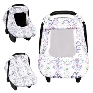 Baby Car Seat Cover for Girl Boy Cozy Windproof Newborn Carseat Covers Minky Dot Backing Stroller Cover with Breathable Mesh Window Blue Floral