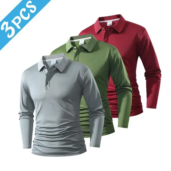 Men's 3-Pack Plain Long Sleeve Polo Shirts - Lapel Menswear Casual Top Set
