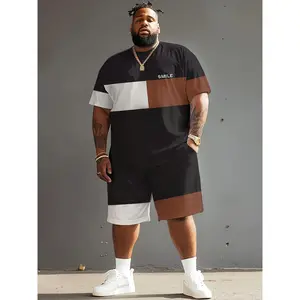 1set Men'S Plus Size Casual Sportswear Set, Black and White Block Print, Round Neck Short Sleeve T-Shirt and Shorts, Polyester and Spandex Blend, Knitted Fabric, Regular Fit - Comfort Fit