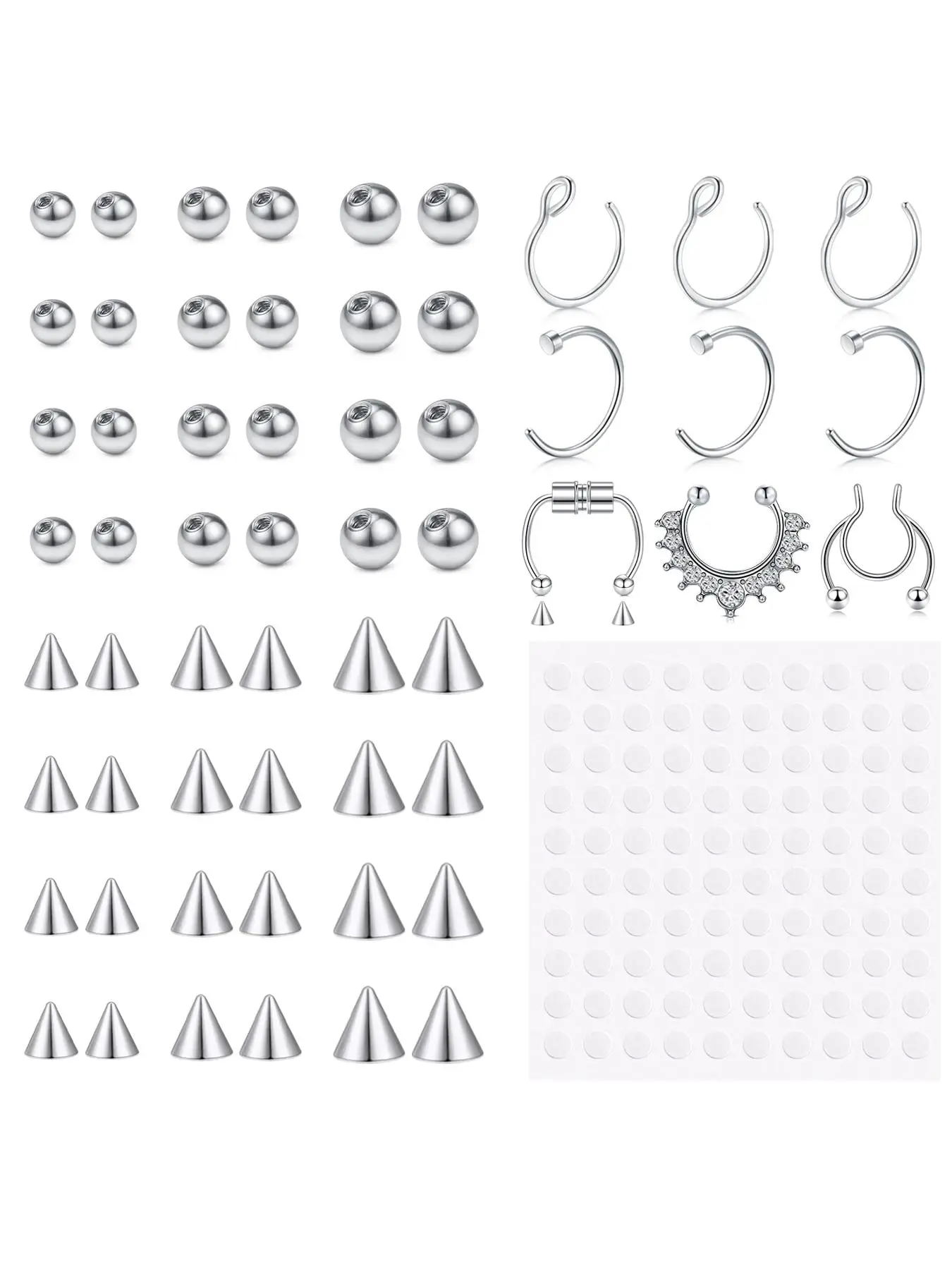 Fake Eyebrow Ring Fake Lip Labret Studs Replacement Balls Spike with 1 sheet Sticker Non-Piercing Body Jewelry Accessory Fake Skin Piercing Body Piercing Kit