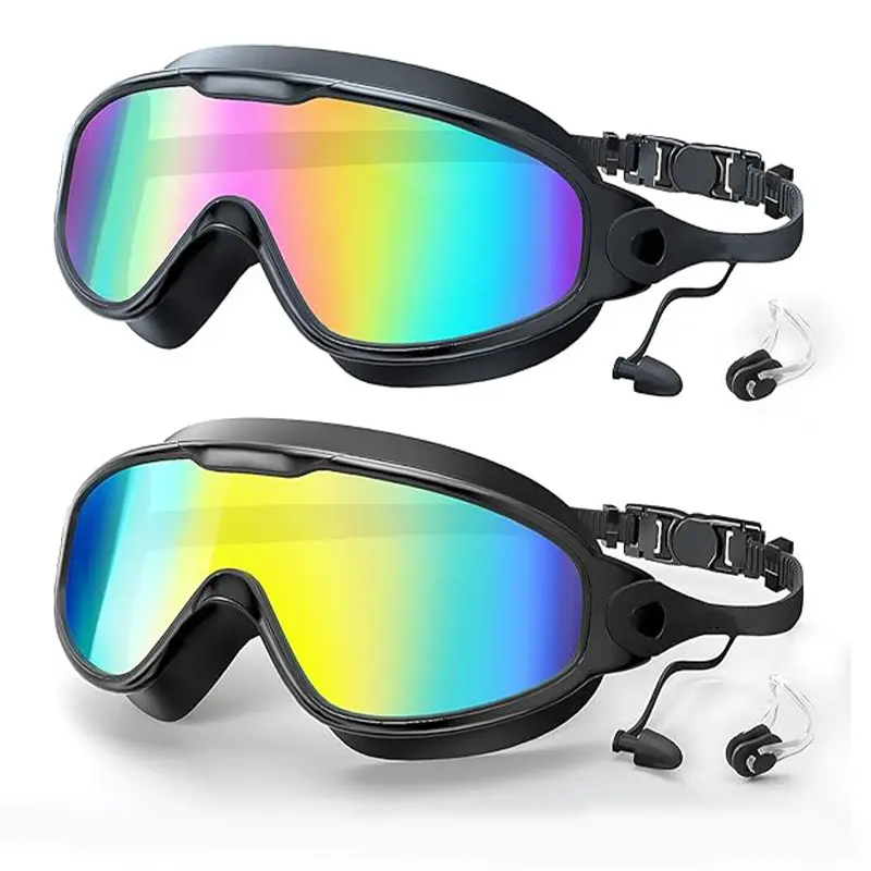 Wide Panoramic Swim Goggles HD Clear Waterproof Anti-Fog Leak Proof Unisex Adult Swim Glasses With Connected Earplugs