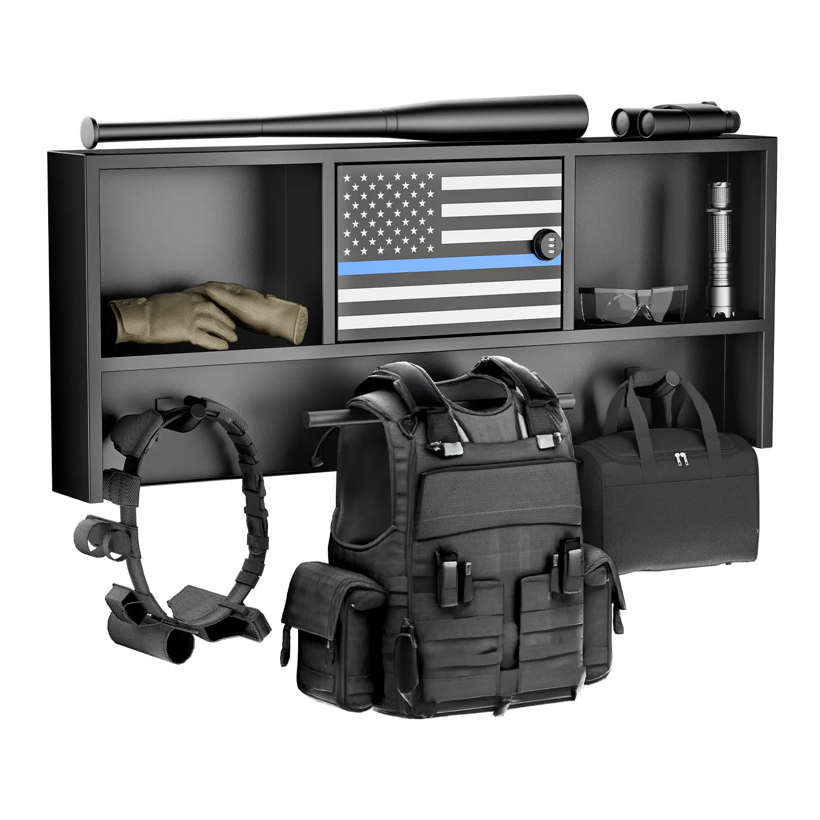 Black Iron Tactical Duty Gear Organiser, Metal Wall-Mount Hangable Storage Hanger with Thin Blue Line Flag, Hooks for Vest & Equipment (Easy Installation)