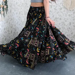 Flowy Celestial Skirt, Witchy Fairycore Long Maxi Skirt, Whimsical Cottagegecore Skirts, Tiered Skirts, Boho Long Whimsy Ren Faire Skirts, 90s