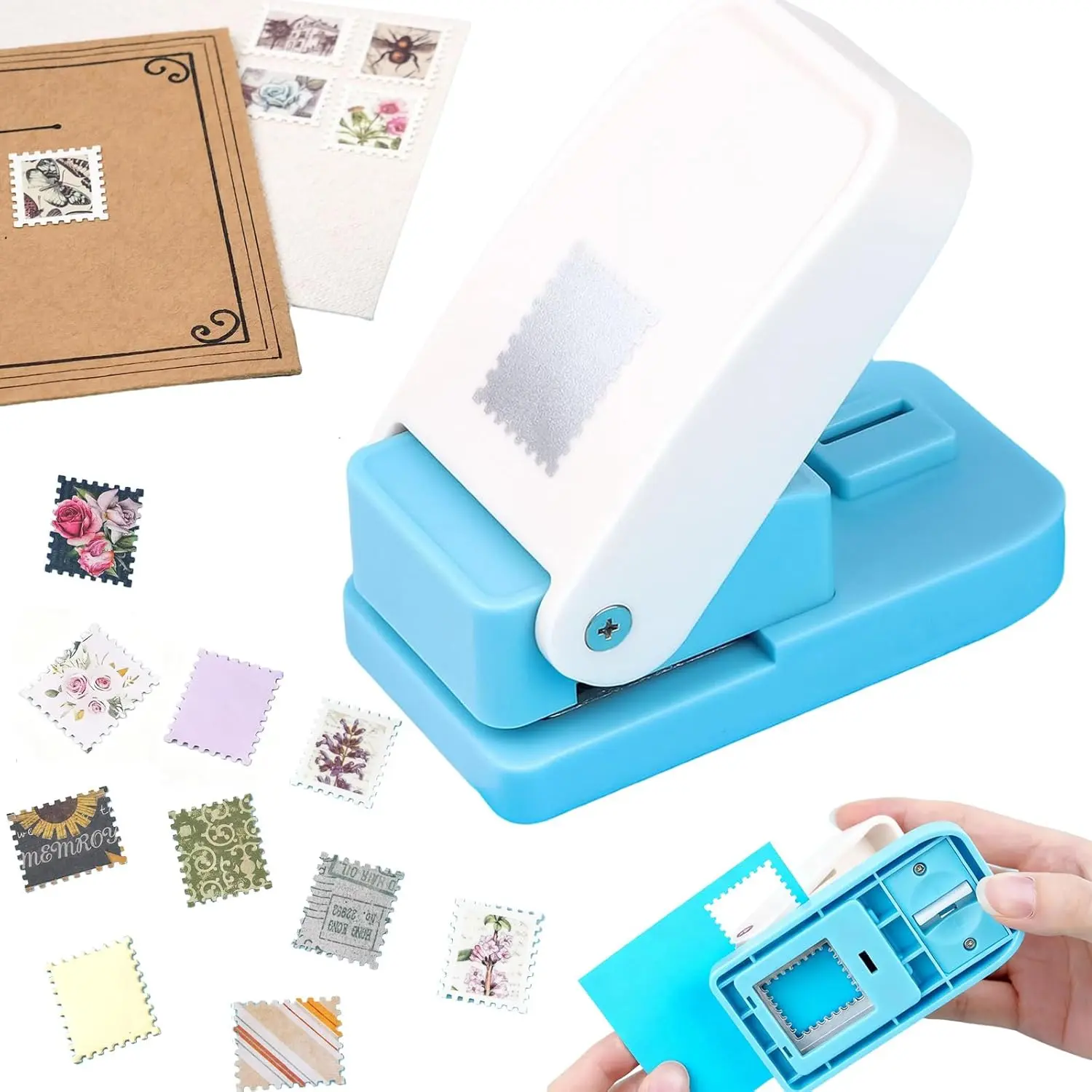 Lever Hand Postage Stamp Paper Punch with Custom Stamps - Lightweight, Labor-Saving Beginner-Friendly Home Decor Tool for Scrapbooking & DIY Card Making, Clean Scalloped Cuts, Free Craft Test Paper, Father's Day Gift, Funny Stickers Embellishment