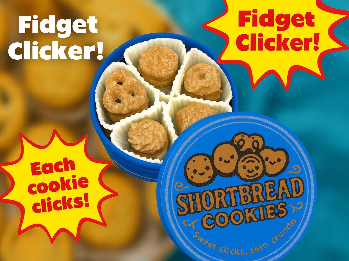 Shortbread Butter Cookie Tin Fidget Clicker 3D Printed with 5 Clickable Cookies for Fidget Enthusiasts
