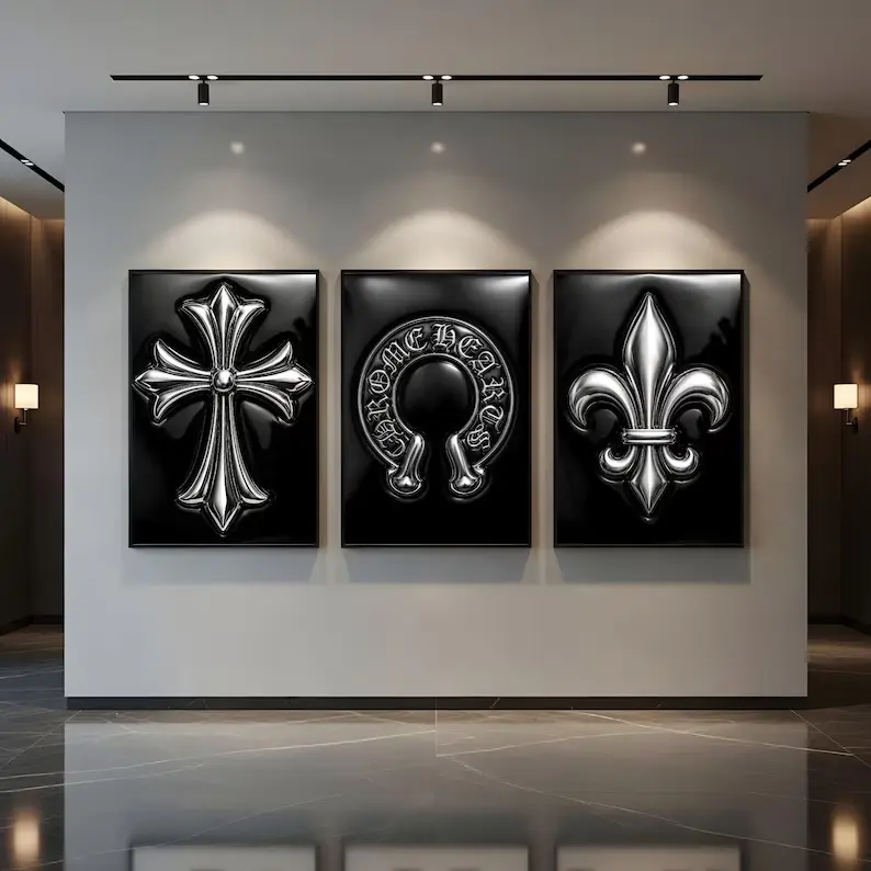 Chrome Hearts Hypebeast Wall Art Poster Set of 3, Black Silver Gothic Cross Art, Horseshoe Print, Fleur De Lis Luxury Y2K Room Decor