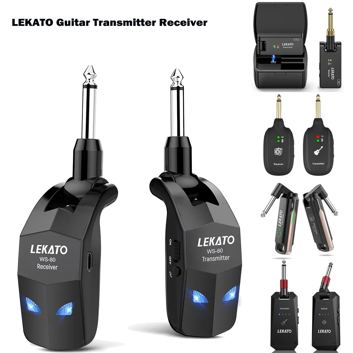 LEKATO WS-80 2.4Ghz 4 Channels Wireless Guitar System, Audio Wireless Transmitter Receiver for Electric Guitar and Bass, Rechargeable Guitar Wireless Transmitter and Receiver for Electric Instruments, Music Lovers Girls Boys Friends Gift