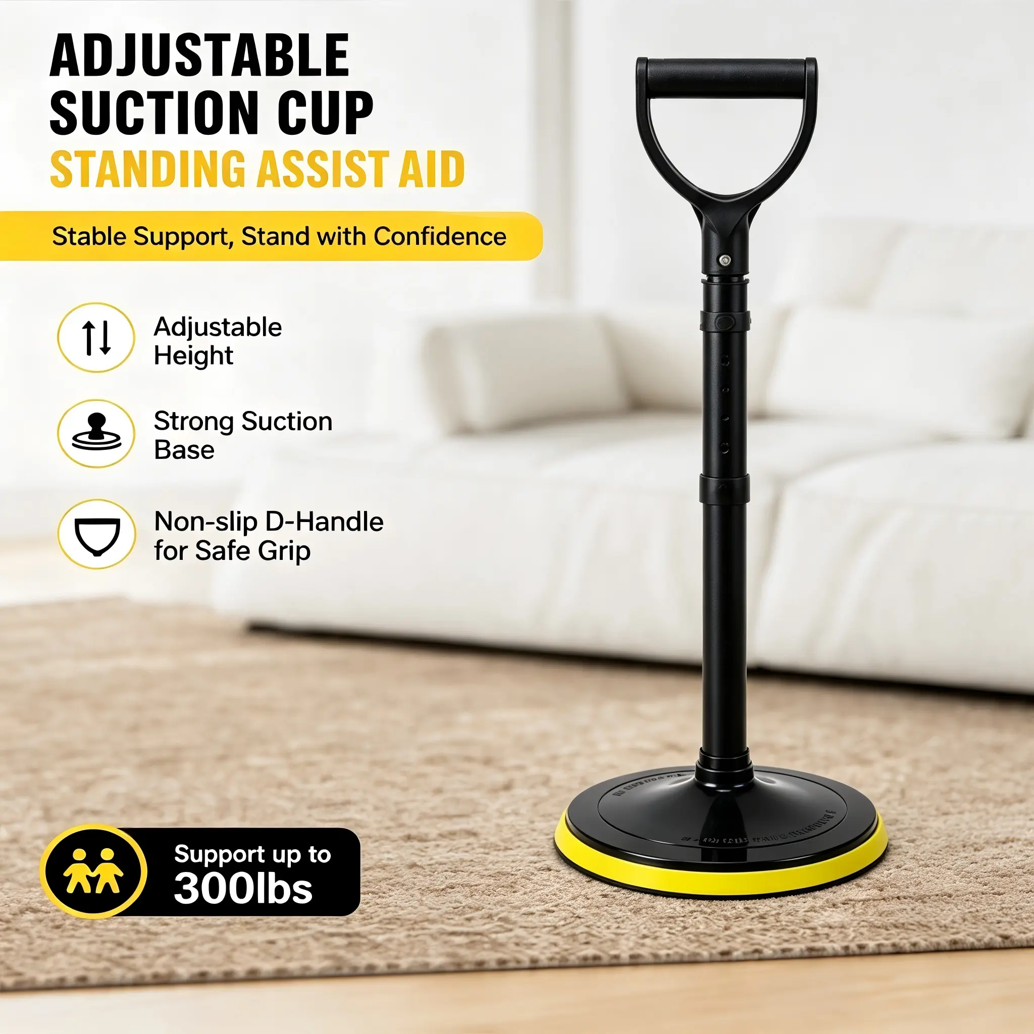 2-in-1 Medical Standing Helper Walking Cane & Stick, Height-Adjustable 27.2-35 in Mobility Aid, Stable Dual Base, Ergonomic D-Type Soft Grip, Portable Indoor-Outdoor Assist Tool
