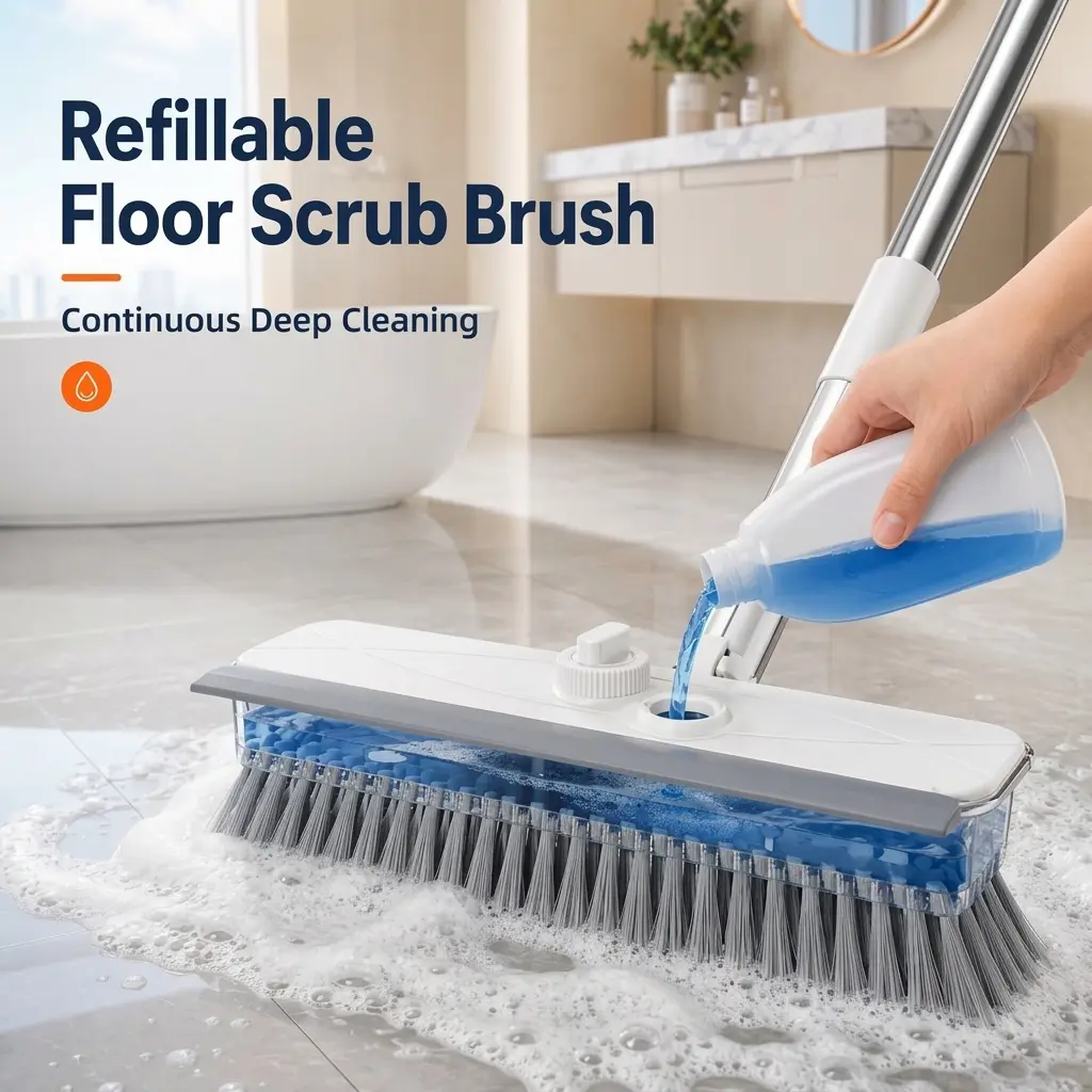 4-in-1 Liquid Dispensing Floor Scrub Brush with Long Plastic-Steel Handle, 25cm Durable Stiff Bristle Broom with Squeegee & Tweezer, Cleaning Supplies for Floors/Tiles Deep Cleaning, Home Goods Wet Dry Fur Remover Grey Kitchen Scraper Push Broom
