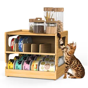 Bamboo 2-Tier Stackable FIFO Cat Food Can Organizer for Pantry, Adjustable Minimalist Drawer Tower, Durable Sturdy Pet Supplies Storage Rack with Display Shelf