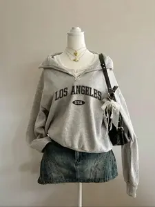 Tiktok Trend Vintage La Half-Zip Hoodie, Layered Look, Sweet Cool Casual Style, Everyday, Underarm Bag, Retro Fashion, Must-Have for Girls, Loose Fit, Long Sleeve, Loose Sweatshirts, Tops, Womenswear