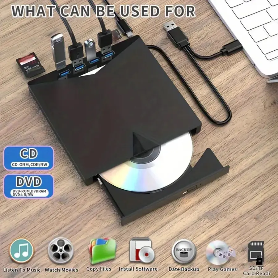 7-in-1 Portable Laptop CD/DVD Drive - High-Speed USB 3.0 DVD Player, External CD ROM Burner, Compatible for Windows 11/10/8/7, Linux, Mac OS, and Desktop Computers