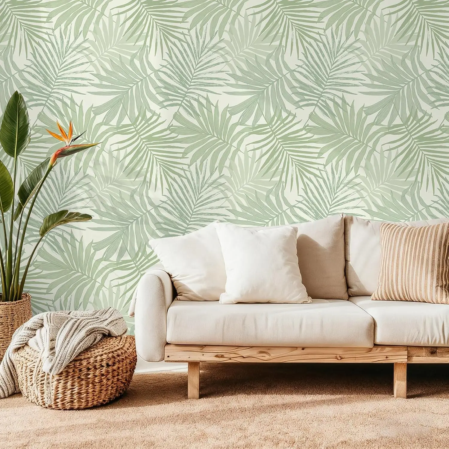 VEELIKE Boho Green Palm Leaf Vinyl Prepasted Peel-and-Stick Wallpaper, 17.7''w by 118''l/17.7'' x 354'' (45cm x 9m), Self-Adhesive Wall Covering for Apartments, Bedroom Accent Wall, Renters, Contact Paper for Cabinets, Dresser, Closet