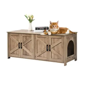 【Father's Day】VEVOR Cat Litter Box Enclosure for 2 Cats, Litter Box Furniture Hidden with Double Rooms, Wooden Cat Box Cabinet Fit Most of Litter Box, 47.2"L x 18.5"W x 19.7"H, Greige