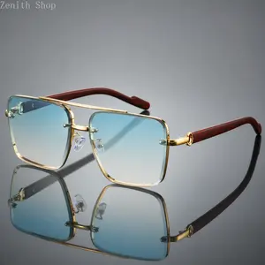 Men's New Full Frame Square Glasses, Retro Dual Bridge Design, Imitation Wood Texture Temples, Metal Frame, Classic Fashion Decorative Eyewear, Trendy Vintage Eyeglasses