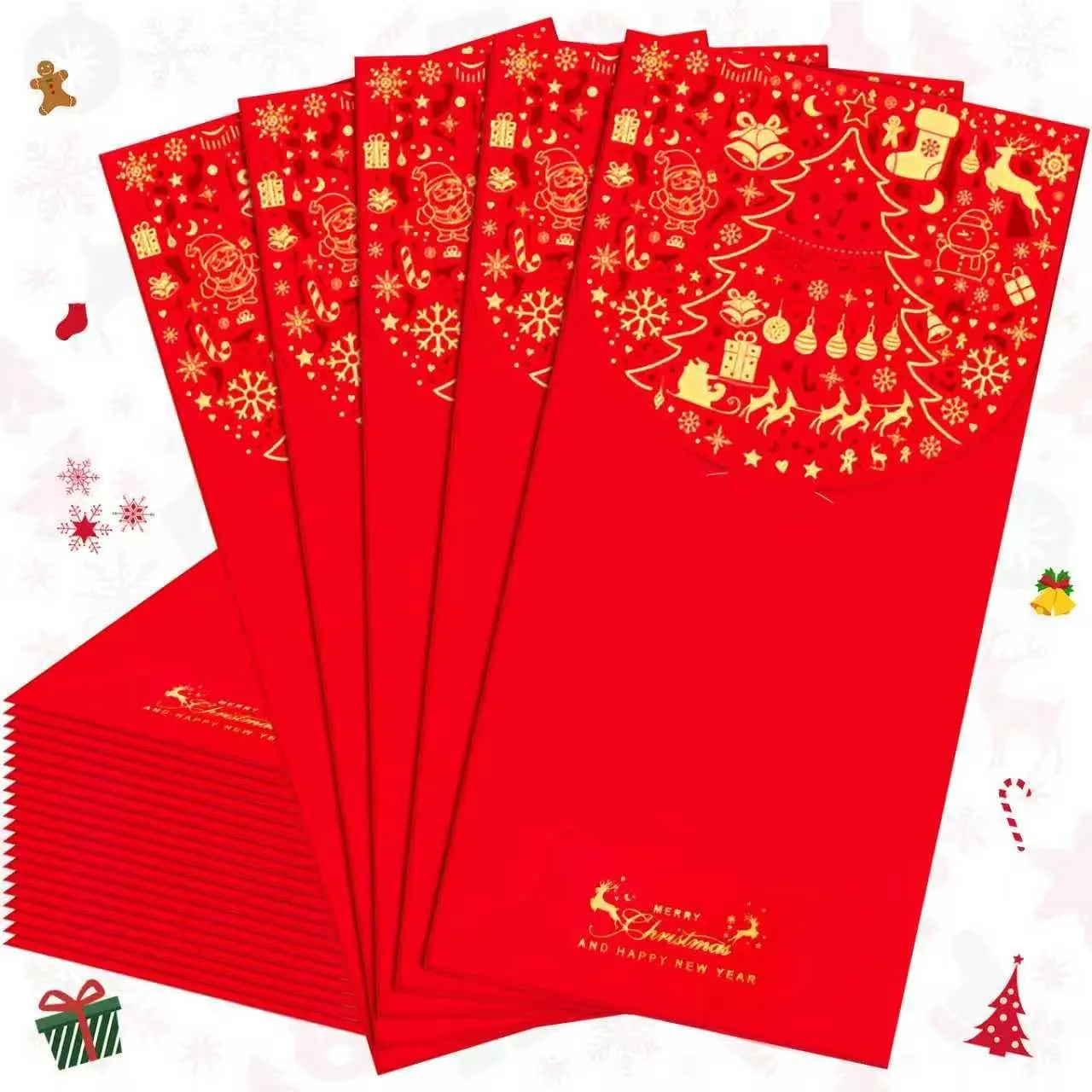 20 Pcs Christmas Red Envelopes - 3.5x7 In Thick Card Holiday Money Envelopes with Elegant Gold Foil Christmas Tree, Santa Claus, Snowman Designs, Easy-Insert Closure, Prevents Wrinkling, for Family, Friends Xmas Gifts (Festive Party Supplies), Easy-To-Use