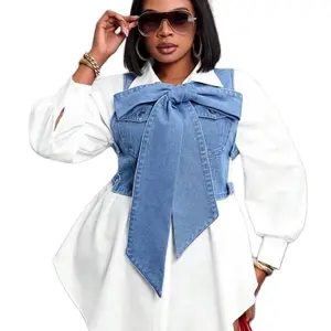 Women's Denim Bow Top - Stylish Top with Bow Detail, Long Sleeves, and Casual Design for Womenswear - Shirts