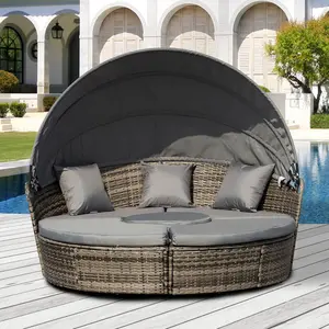 Gray 4 piece round convertible outdoor daybed with adjustable sun canopy PE rattan sofa set for patio use