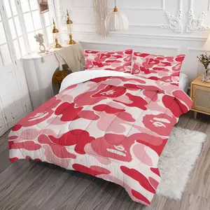 Pink Red Camouflage Comforter Set - Durable Material Comfy Bed Sets, 1 Quilt + 1/2 Pillowcases, 3D Printed Streetwear Bedding for Kids Teens, Perfect Urban Bedroom Decor, Soft Bedding Sets, Twin/Full/Queen Sizes