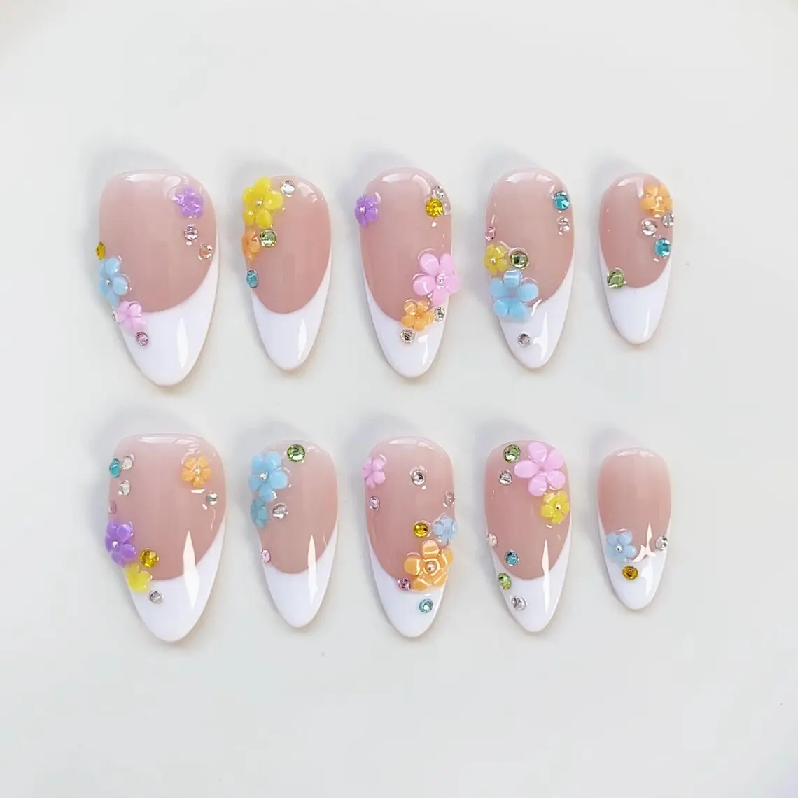 Summer White French Press on nails long almond nails/Minimalist Nails/White French Tip Nails/Multicolor Flower Nails/Daily Nails/Cute Nails