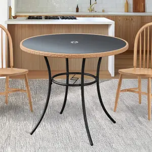 35'' All-Weather Outdoor Dining Table - Black Round Wicker Patio Side Table with Tempered Glass Top & Durable Iron Frame, Fits 4 People (Patio/Balcony/Poolside)