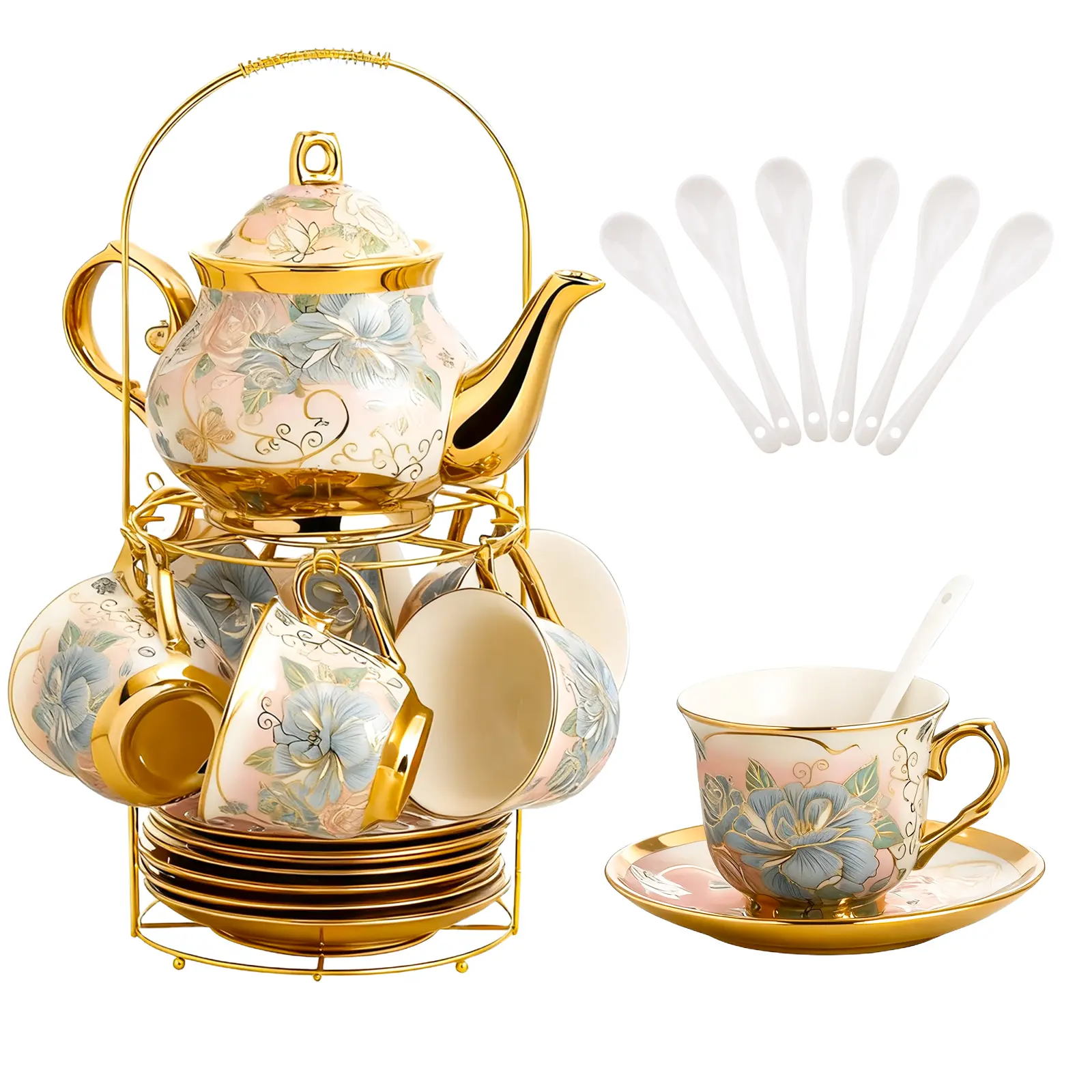 Luxury Drinkware Glossy Porcelain Tea Set - 20-Pack European Retro Floral Print, Metal Holder, 6-Person Serving, 700ml Teapot, Round Cups, Saucers, Spoons, Blue Pink, for Adults, Coffee & Tea Parties