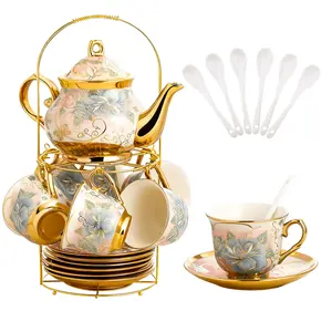20 Pack Porcelain Tea Set with Metal Holder,European Adult Ceramic Tea Party Set,Flower Painting Teapot Cup Saucer Spoon Set for Women,Serving 6 People (Blue Pink)