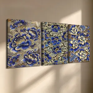 3 Pcs/Set Wooden-Framed Canvas Painting, Blue & Gold Traditional Floral Triptych Canvas Wall Art, Oriental Peony Style Print for Living Room, Bedroom, Office Decoration, Modern Home Decor, Fashion Artistic Ornaments, Artwork