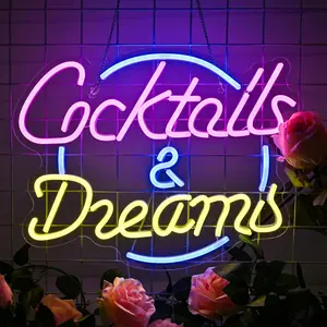 Cocktails & Dreams Neon Schild,Cocktails Neon Sign für Neonlicht Wanddekoration,Leuchtschriftzug Schriftzug mit USB für Schlafzimmer,Bar,Schaufenster,Hotel,Hausbar,Verein,Kommerzielles Schaufenster