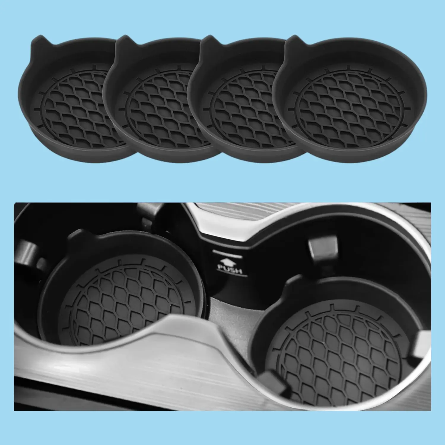 4 Pezzi Sottobicchieri Auto Universali In Silicone - Antiscivolo, Impermeabili, Incassati, Diametro 7 Cm - Proteggi I Portabicchieri Della Tua Auto (Nero) - 2