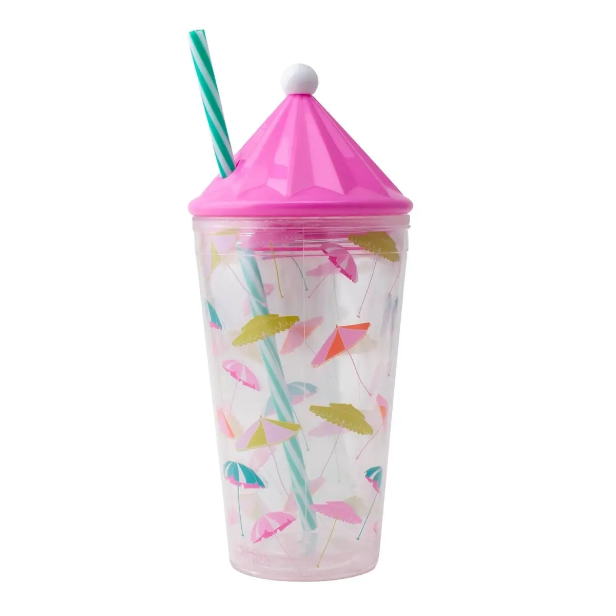 16oz Whimsical Unisex Adults' Umbrella-Shaped Reusable Plastic Water Bottle Tumbler - Durable, Portable Kitchenware Drinkware with Lid, Straw, Print, Themed Topper, Vibrant Design, 8.5in H x 3.25in Rim Diameter, Ideal for Smoothies, Iced Tea, Bottles, Reu