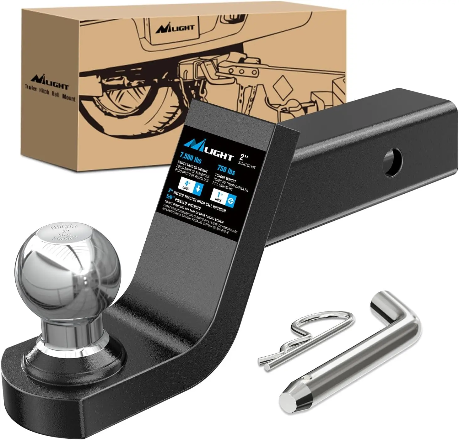 Nilight Fusion Drop Hitch Kit - 2-in Receiver Mount, 2-in Ball, 5/8-in Pin Clip, 7500lb Capacity, 4-in Drop, Powder Coated Weather-Resistant for ATV Hauling, Towing Trailers, Campers, Vehicle, Motorcycle