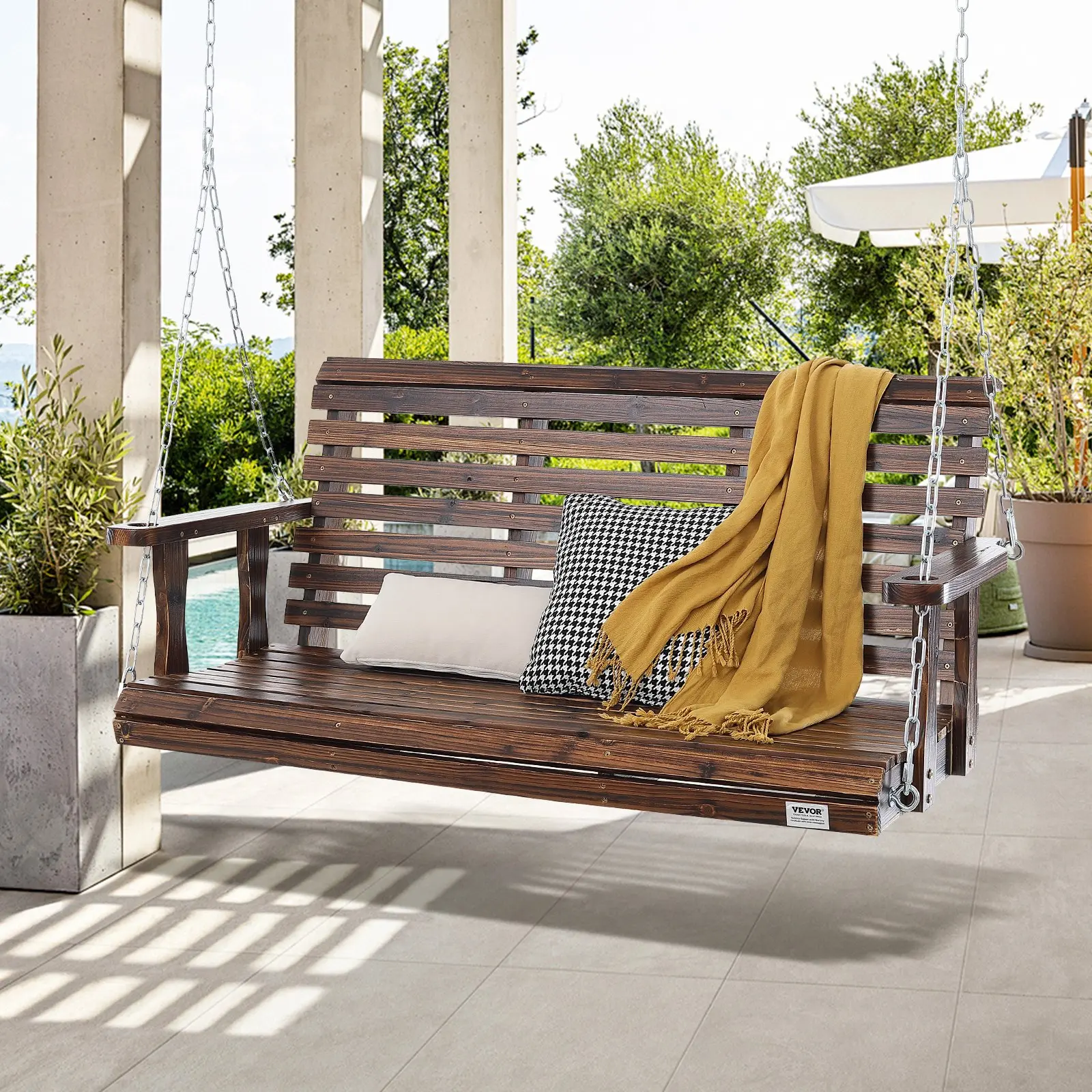 Wooden Porch Swing 4.5 ft, Patio bench swing for Courtyard & Garden, Upgraded 880 lbs Strong Load Capacity, Heavy Duty Swing Chair Bench with Hanging Chains for Outdoors, Carbonized Brown