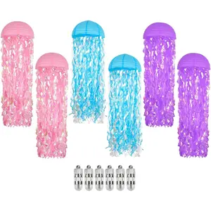 Jellyfish Paper Lanterns with LED Lights Set of 6, Purple/Pink/Blue Dome Hanging Floating Decorations for Under The Sea Party Mermaid Birthday Ocean Classroom Beach Room Aesthetic