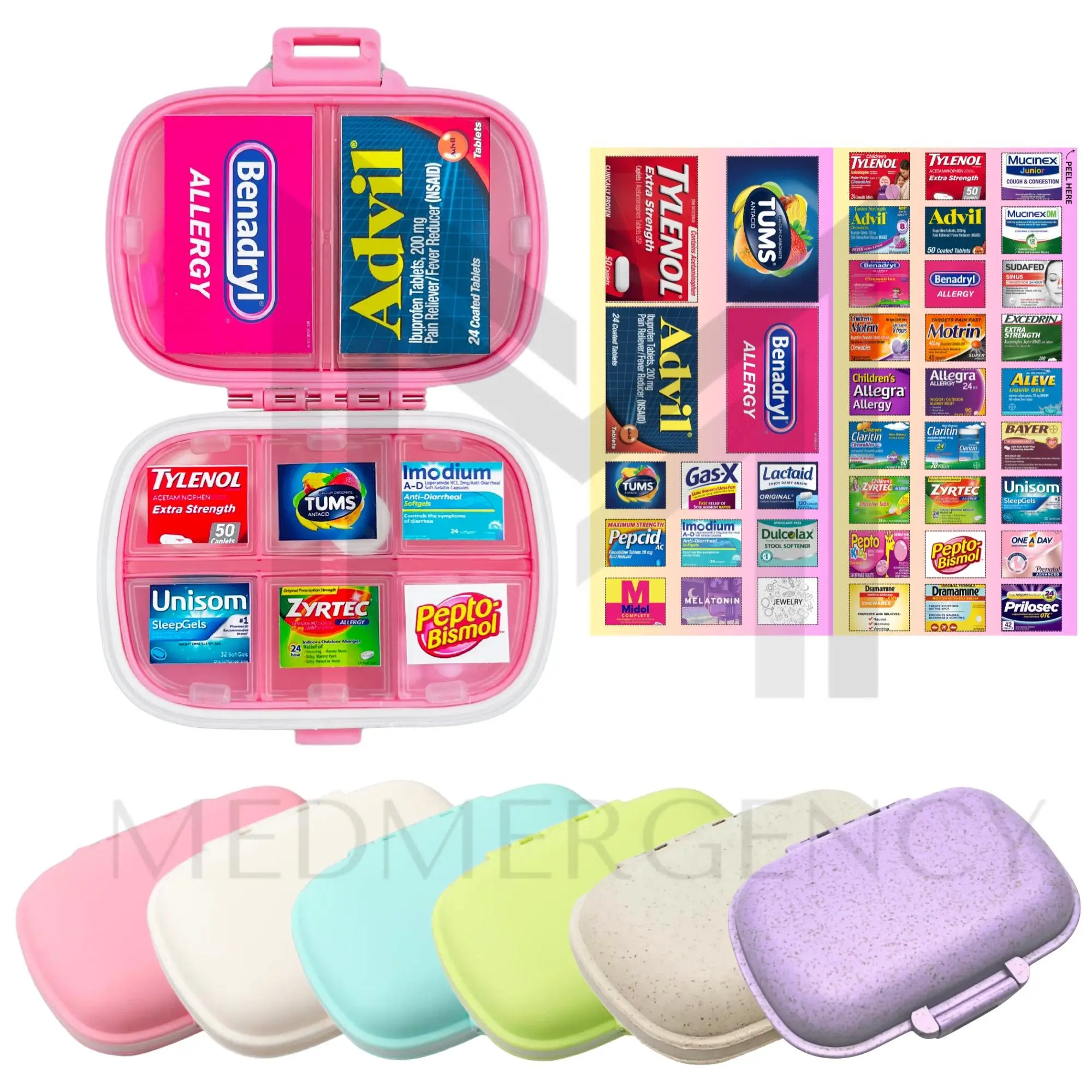 Pill Organizer | 8 Compartments | FREE Pre-cut Medicine Label Sticker Sheets | Travel Pill Box | Medicine Storage Container Case Healthcare