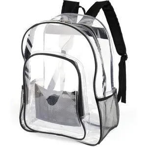Clear Backpack Heavy Duty Clear Bookbag for Boys Girls- Transparent Backpack See Through PVC Plastic Backpacks with Reinforced Straps for School Work - Black