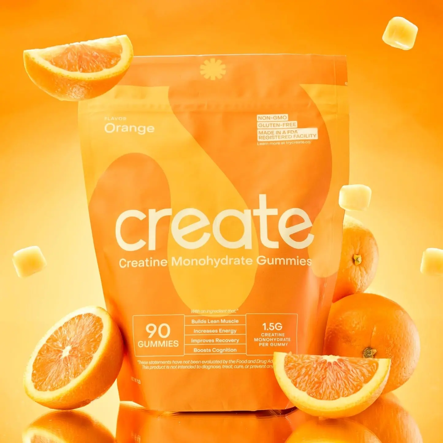 Edible Chewable Creatine Monohydrate Gummies, Orange Flavor, 90-Count Dietary Supplement for Men & Women, Creatine for Women, Fitness Support with Strength Boost, Endurance & Focus, Gummy Vitamins Supplements with Vitamins