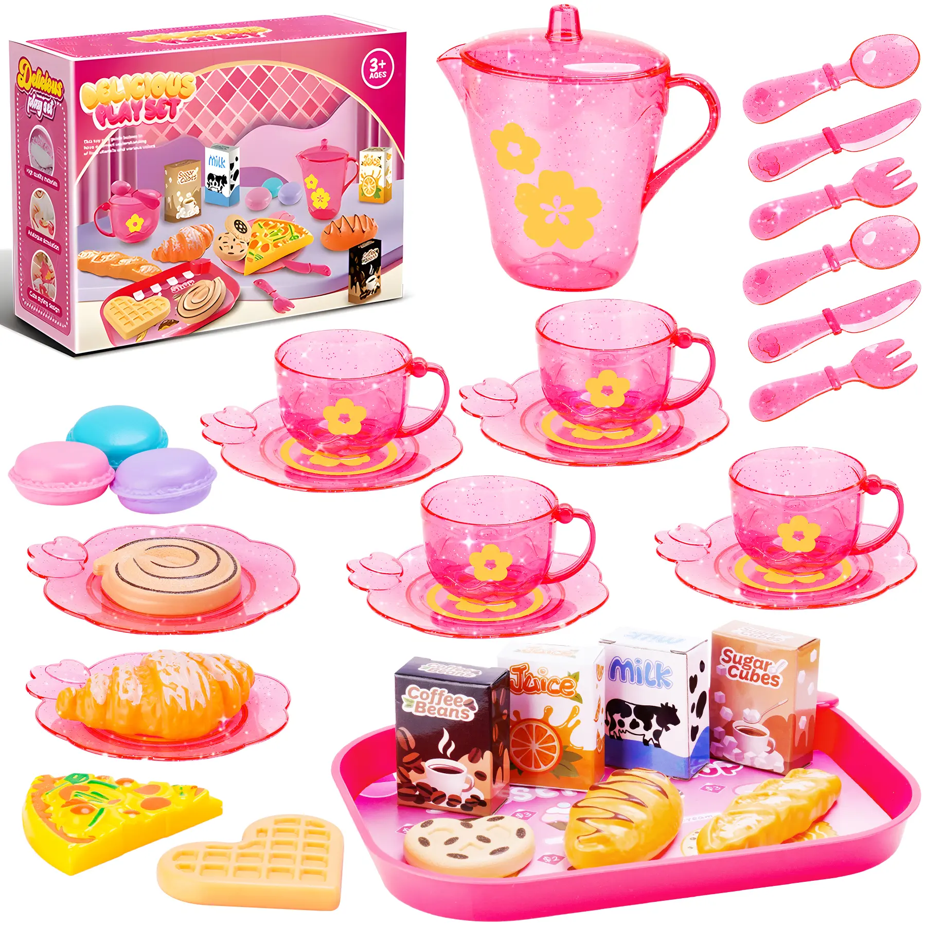33PCS Cute Mint Pink Pretend Play Tea Party Set for Kids, BPA-Free Plastic Mini Kitchen & Food Toys with Teapot, Cups, Plates, Macarons, Cookies, Knives, Forks, Dessert Playset Accessories, Gift for Ages 3+, Cute Kitchen