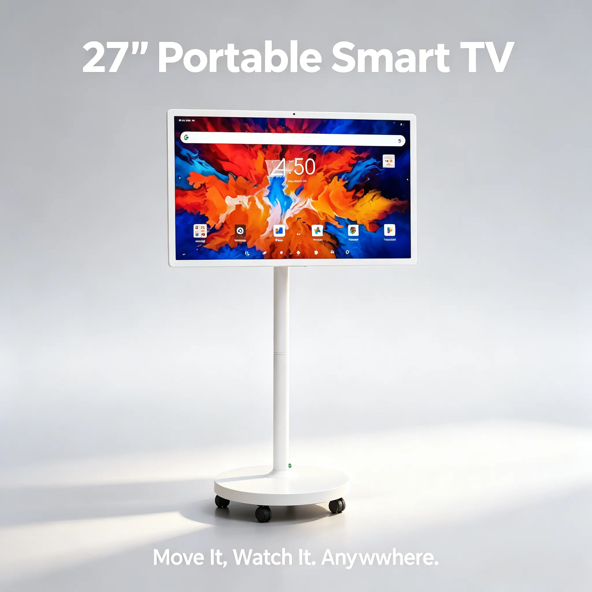 【Back to School】27" Portable Smart TV on Wheels – Android 14 Touchscreen Rolling TV Tablet TV 1080P Full HD | 8G RAM 128G Built-in Battery 6-8H 180° Swivel Rolling Stand | Kitchen Bedroom Living Room Home Gadgets Smart Home Tech Gift Must Have