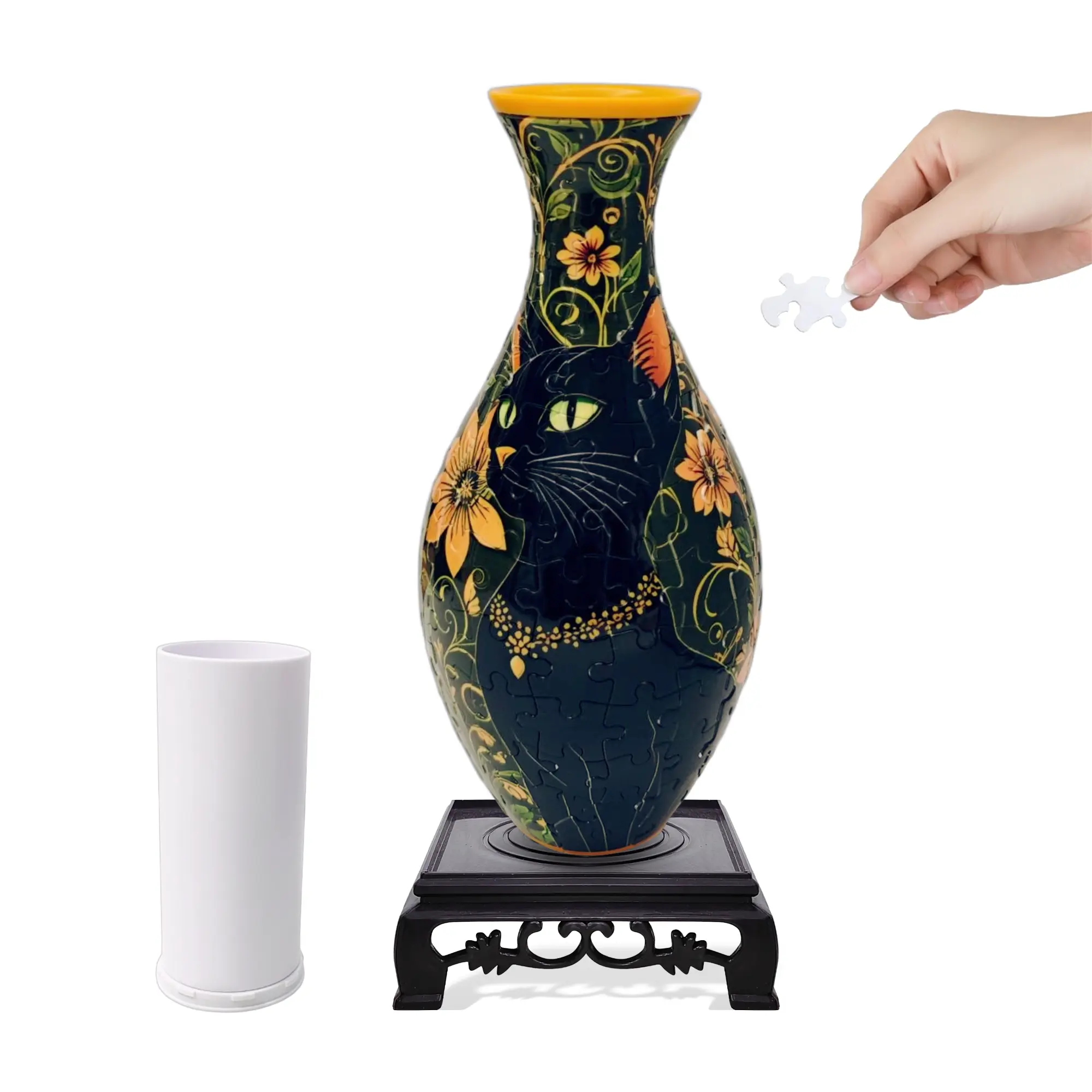 3D Puzzle Vase Cat Floral Design, DIY Flower Vase Building Kit with Inner Water Cup, Decorative Puzzle Home Decor Gift for Adults & Teens