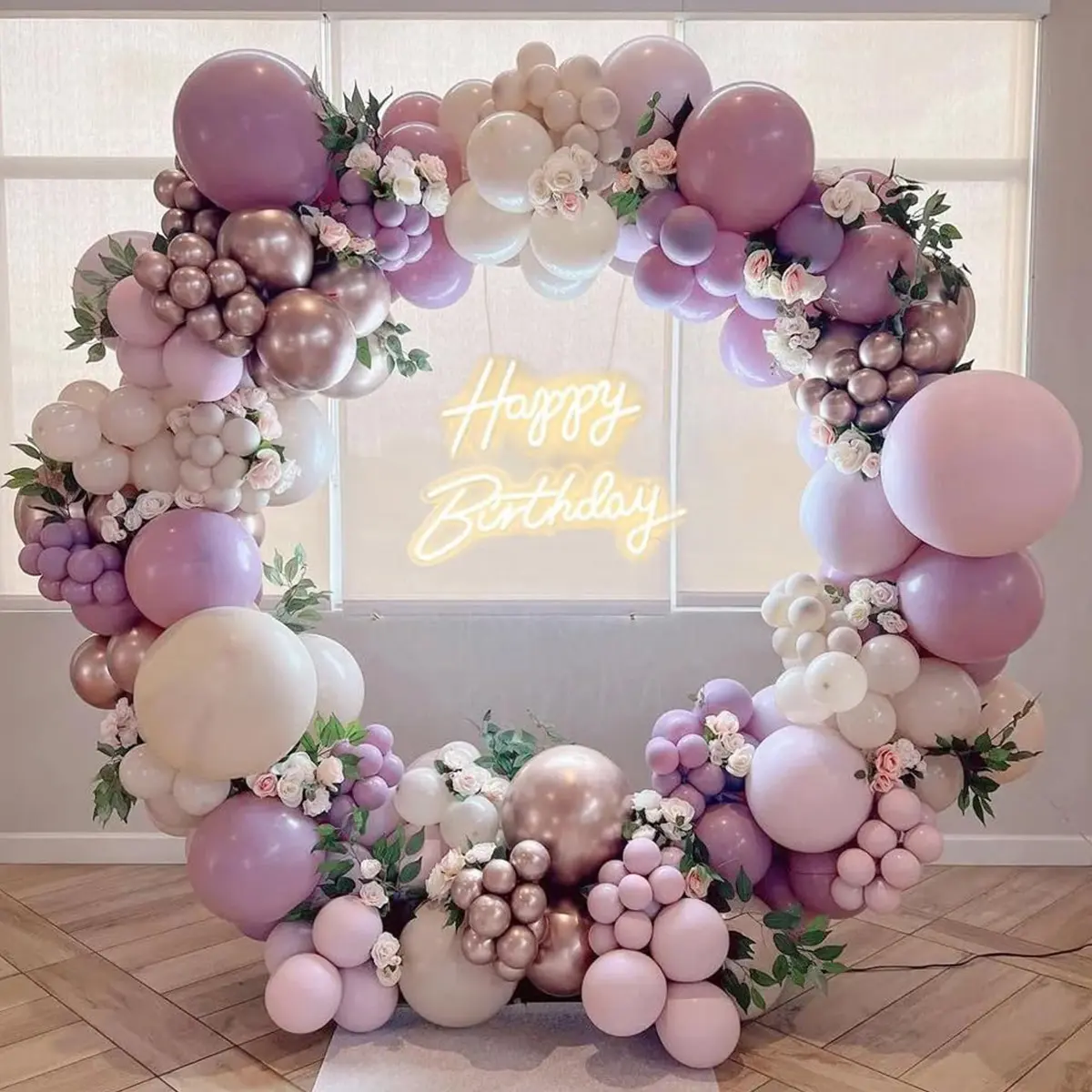105pcs Dusty Purple Balloon Arch Backdrop Set - Double-Stuffed Pink, Sand, White, Chrome, Rose Gold Balloons, Arch Shape for Wedding, Lavender Party Decorations