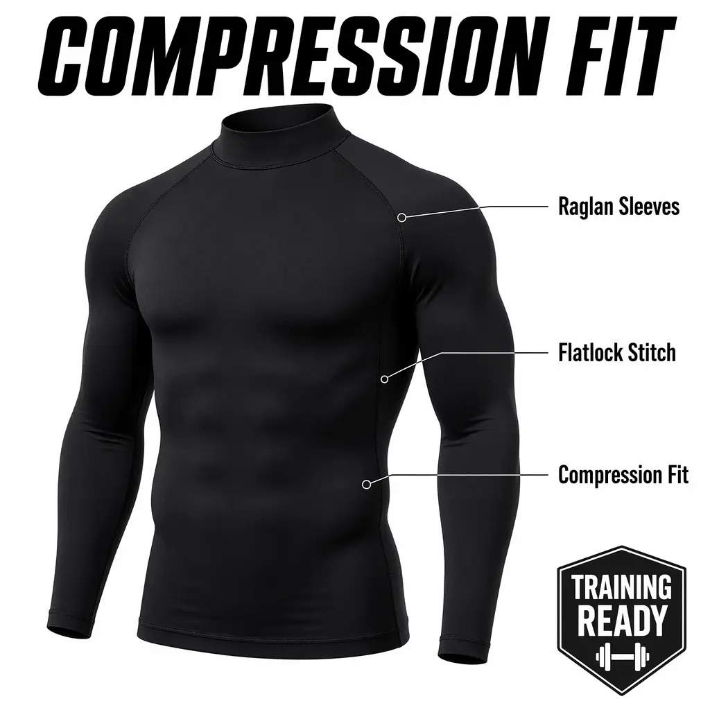 Men's High-Neck Nylon-Spandex Compression Long Sleeve Shirt - Workout Top, Stretch Fitness Wear, Tight Running Top, Moisture-Wick Cool Dry High Performance Activewear for Running/Cycling