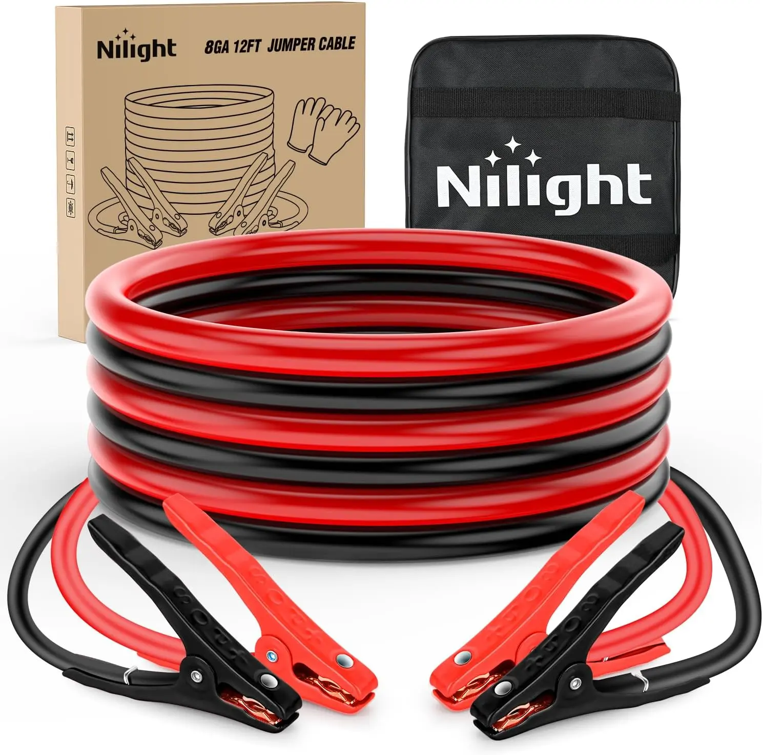 Nilight 8-Gauge 12FT Tangle-Free Heavy-Duty PVC Automotive Car Battery Jumper Cables, 250A Peak High-Power Emergency Jump-Start Kit with Storage Bag for SUVs, Car Repair Tools and Gadgets