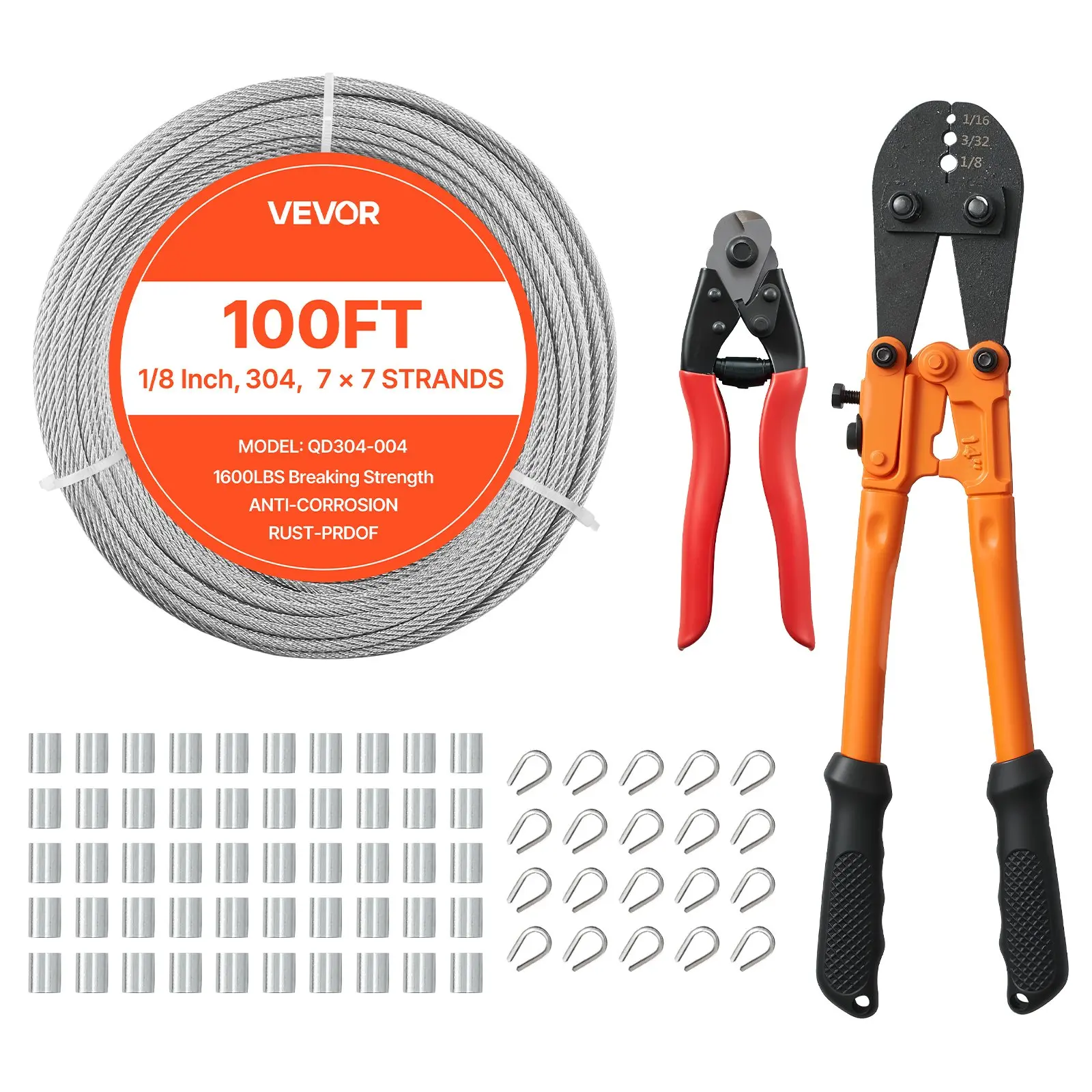 VEVOR QD304-004 Heavy Duty 1/8 in Anti-Rust 304 Stainless Steel Braided Wire Set, 100 ft 7x7 Strands, 1600 lbs Breaking Strength, with Cutter & Hardware, for Deck Railings (Long Handles Included)