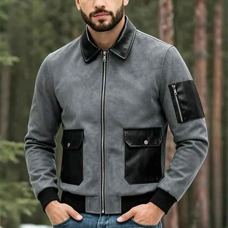 Men's Suede Patchwork Leather Jacket - Menswear Coats with Turn-Down Collar, Workwear Style, Multi-Pocket Design, Aesthetics, Vintage Casual Zip-Up Outerwear, Back-to-School Tops