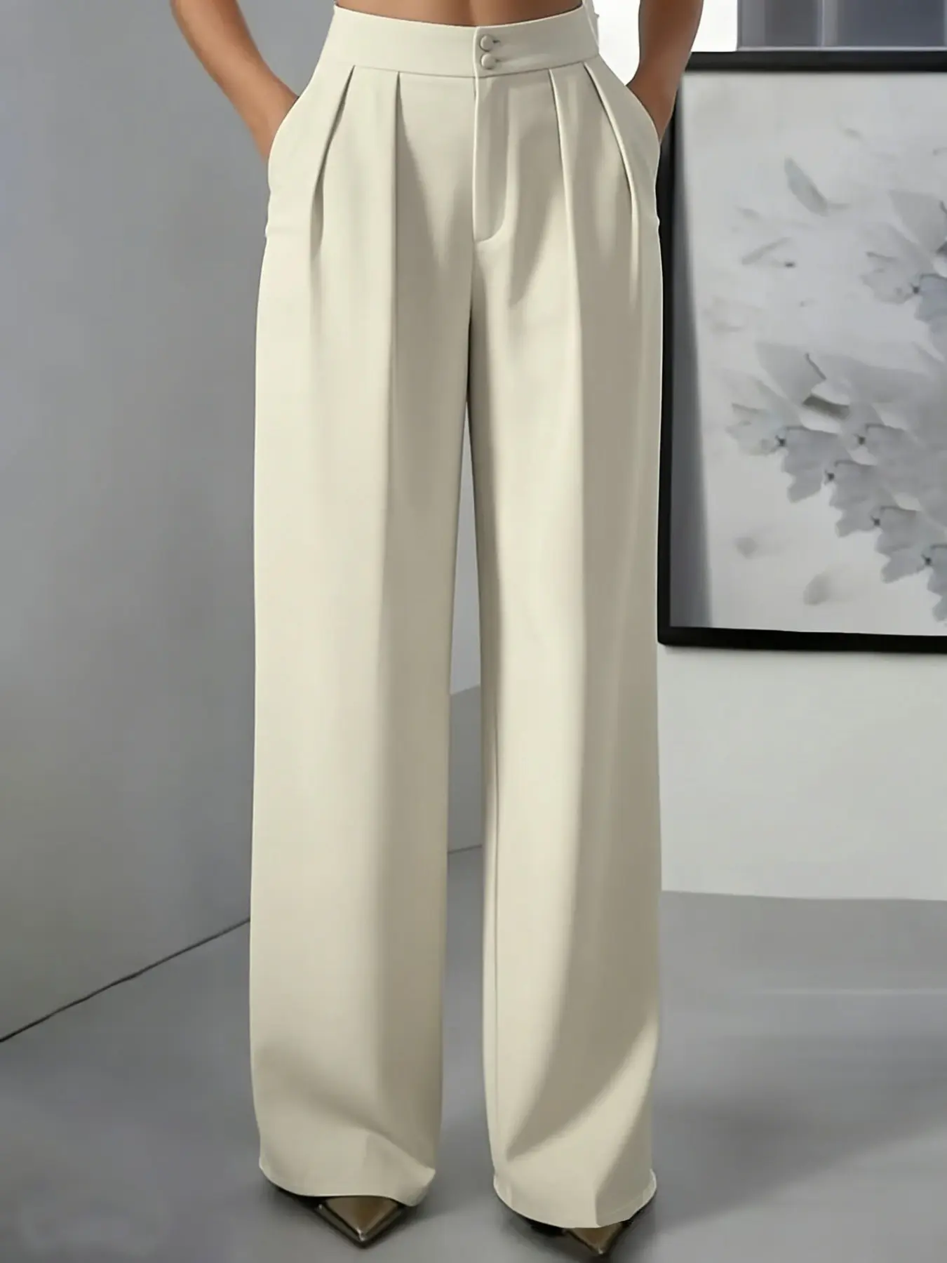 High Waist Pleated Wide Leg Pants for Women, Spring Summer, Loose Fit Suit Pants, Solid Color Slimming Long Pants, Office Wear